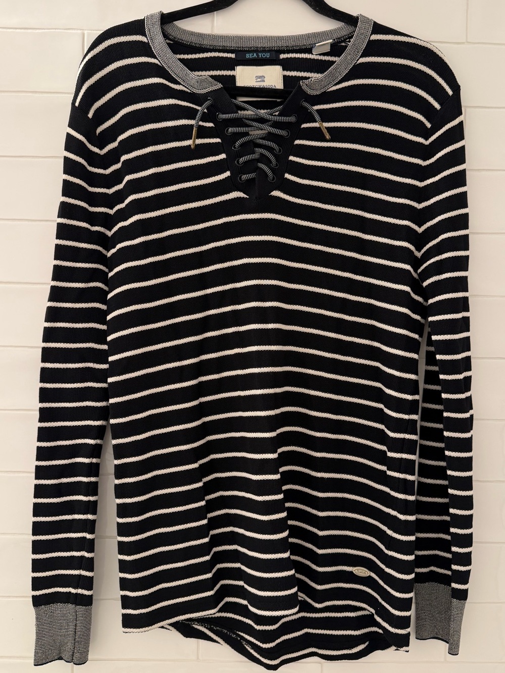 Scotch & Soda Black and White Striped Lace-Up V-Neck Sweater